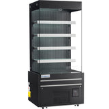 A black Empura refrigerated display case with four horizontal shelves, vented back panel, digital control panel at the bottom right, and glass sides. This open air merchandiser is empty and ideal for showcasing chilled food or beverages.