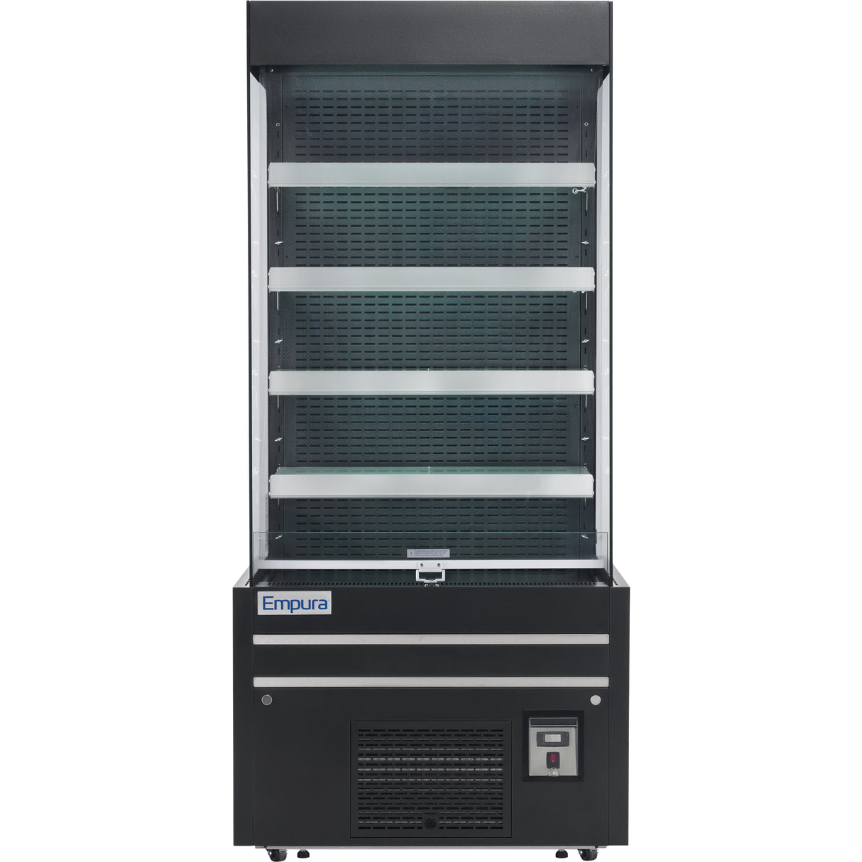 A black and silver Empura refrigeration open air merchandiser with five empty shelves, glass sides, and a ventilated front panel. The brand name Empura is labeled on the lower left corner of this sleek refrigerated display case.