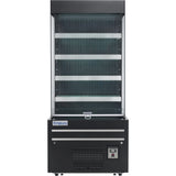 A black and silver Empura refrigeration open air merchandiser with five empty shelves, glass sides, and a ventilated front panel. The brand name Empura is labeled on the lower left corner of this sleek refrigerated display case.
