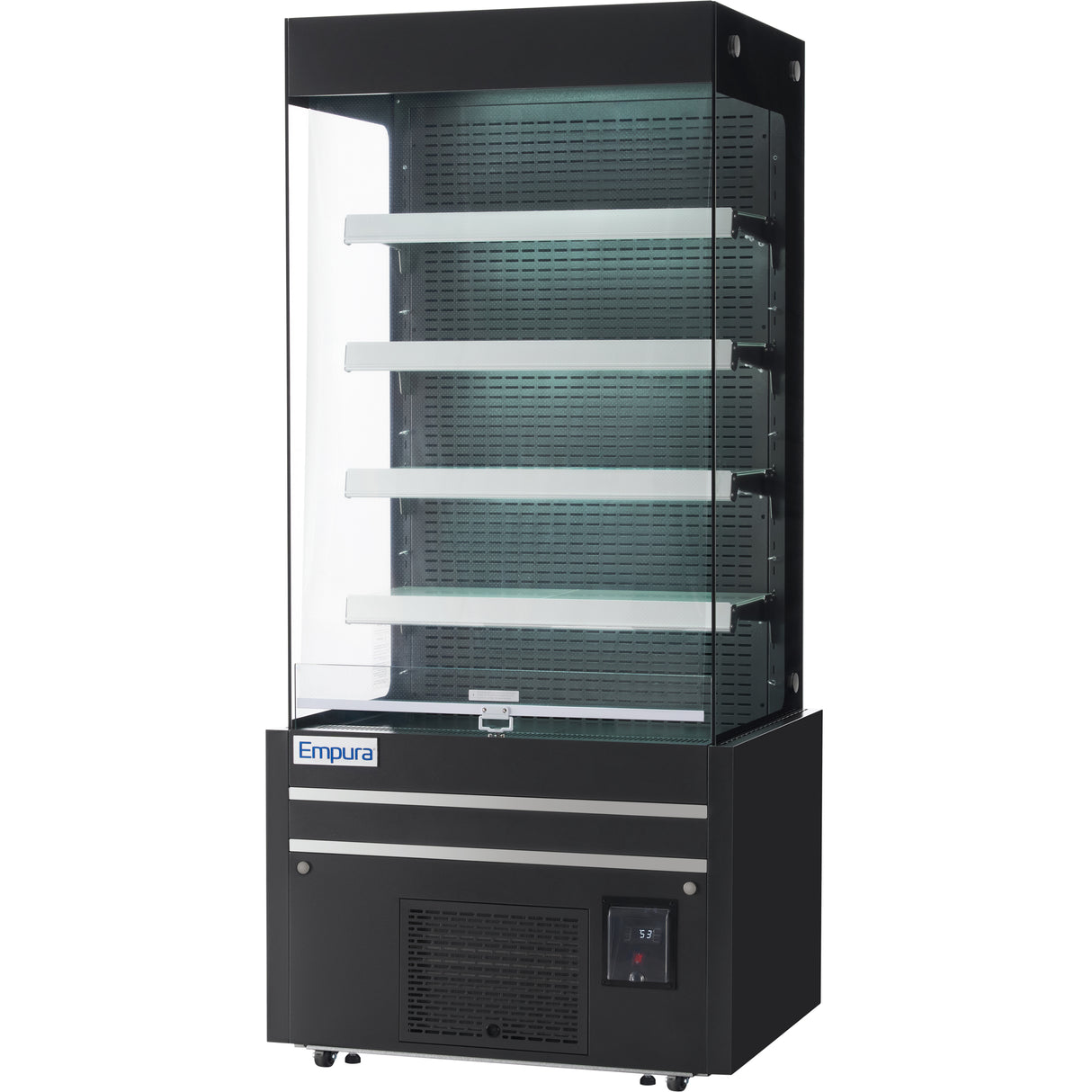 A black and silver Empura refrigeration open air merchandiser with four glass shelves and glass sides. This refrigerated display case features a vented base, digital temperature display, Empura branding on the front, and empty shelves.