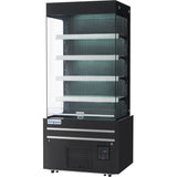 A black and silver Empura refrigeration open air merchandiser with four glass shelves and glass sides. This refrigerated display case features a vented base, digital temperature display, Empura branding on the front, and empty shelves.