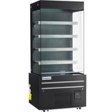 A black Empura refrigeration display case with glass sides and front, four metal shelves, and a vented base. This refrigerated display case features a digital temperature display at the bottom right. The shelves are empty.