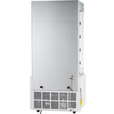 A tall, rectangular Empura refrigeration unit with a silver metallic back panel. The bottom section features ventilation grilles and two black control knobs. Small wheels provide mobility, and a visible hose attachment sits on the side of this refrigerated display case.