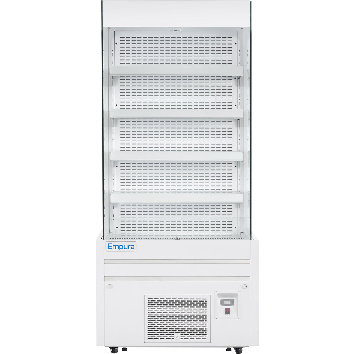 A commercial, white Empura refrigeration open air merchandiser with five ventilated shelves and a vented base. The refrigerated display case features a digital control panel and is ideal for showcasing products in retail settings.