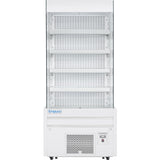A commercial, white Empura refrigeration open air merchandiser with five ventilated shelves and a vented base. The refrigerated display case features a digital control panel and is ideal for showcasing products in retail settings.
