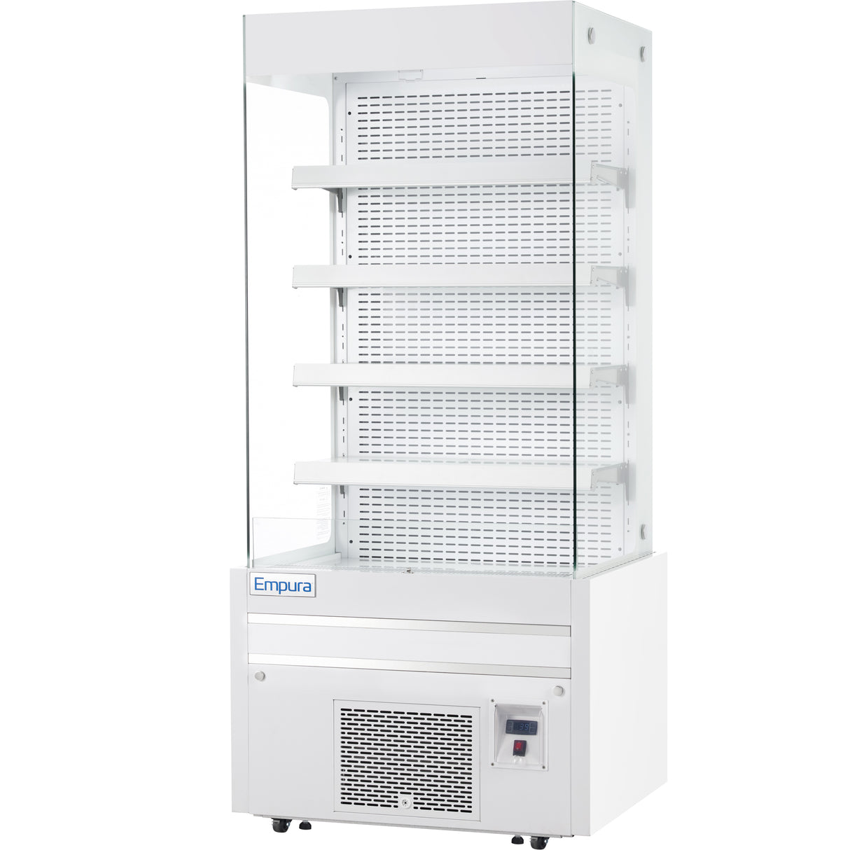 A white, upright refrigerated display case by Empura refrigeration features four adjustable shelves, transparent glass sides, and a vented base. The modern unit is empty, with a clean appearance perfect for open air merchandiser needs.
