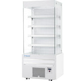 A white, upright refrigerated display case by Empura refrigeration features four adjustable shelves, transparent glass sides, and a vented base. The modern unit is empty, with a clean appearance perfect for open air merchandiser needs.