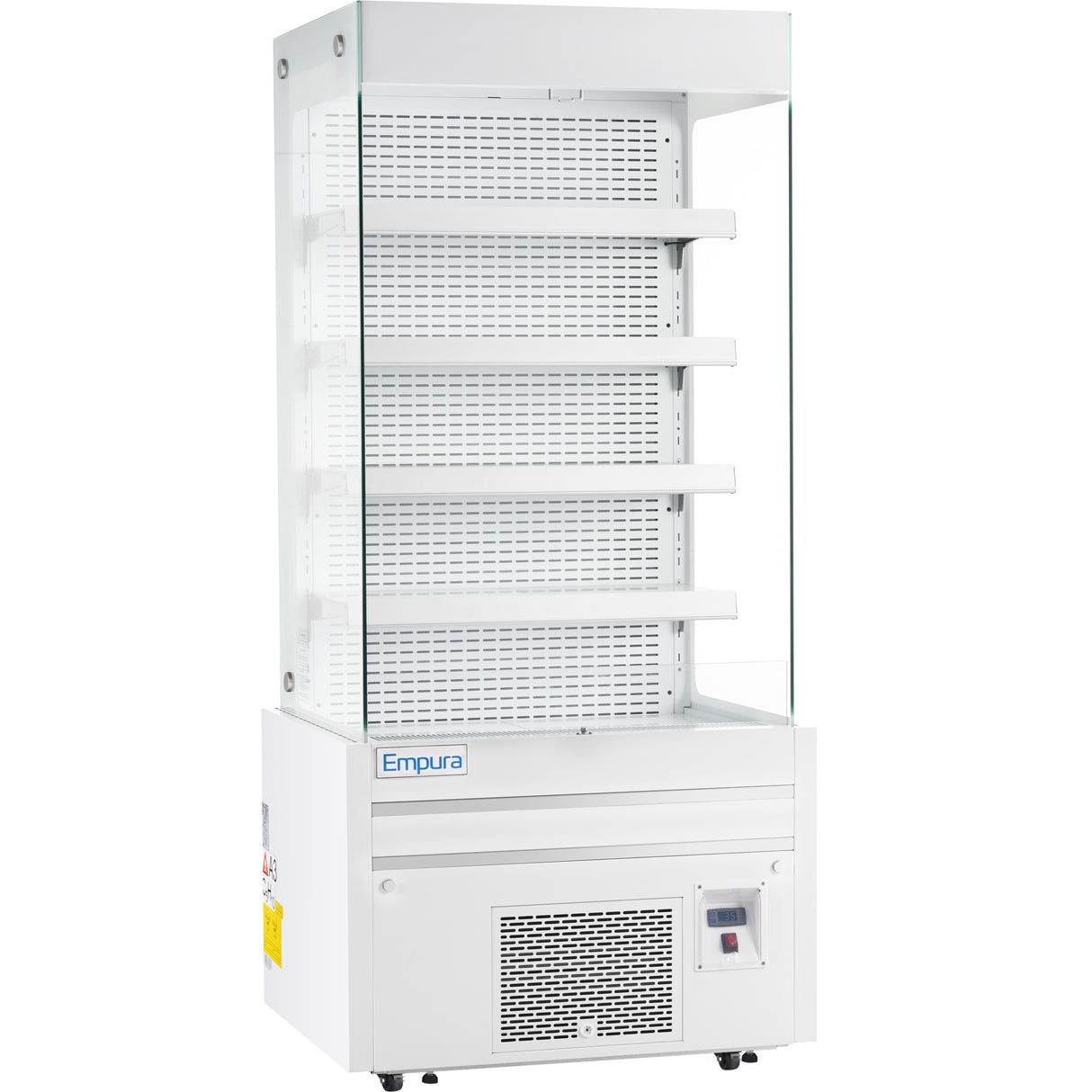 An Empura refrigeration open air merchandiser featuring four metal shelves, a white exterior, clear glass sides, and a vented bottom section with control panel—perfect for storing and showcasing chilled products in retail or food service settings.