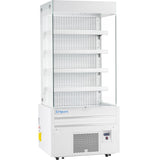 An Empura refrigeration open air merchandiser featuring four metal shelves, a white exterior, clear glass sides, and a vented bottom section with control panel—perfect for storing and showcasing chilled products in retail or food service settings.