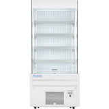 A commercial Empura refrigeration open air merchandiser with four empty perforated shelves, a white exterior, vented base, control panel, and Empura branding on the lower left front. The refrigerated display case stands upright against a plain white background.