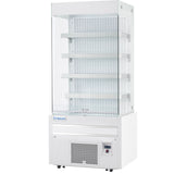 A tall, white Empura refrigerated display case with four adjustable shelves, glass sides, and a vented base. The Empura refrigeration brand name is visible on the lower front, with a small control panel at the bottom right.