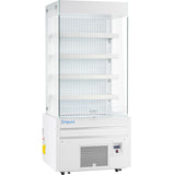 A white Empura refrigeration open air merchandiser with four adjustable shelves, a clear glass front and sides, a vented cooling unit at the bottom, and a digital control panel. The Empura brand is labeled on the front.