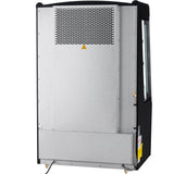 A large, upright metallic Open Air Merchandiser with a vented panel at the top center, 11.3 cu. ft. capacity, a yellow warning triangle, small wheels for mobility, and a black frame; wires and an Empura Refrigeration label are visible on the right side.