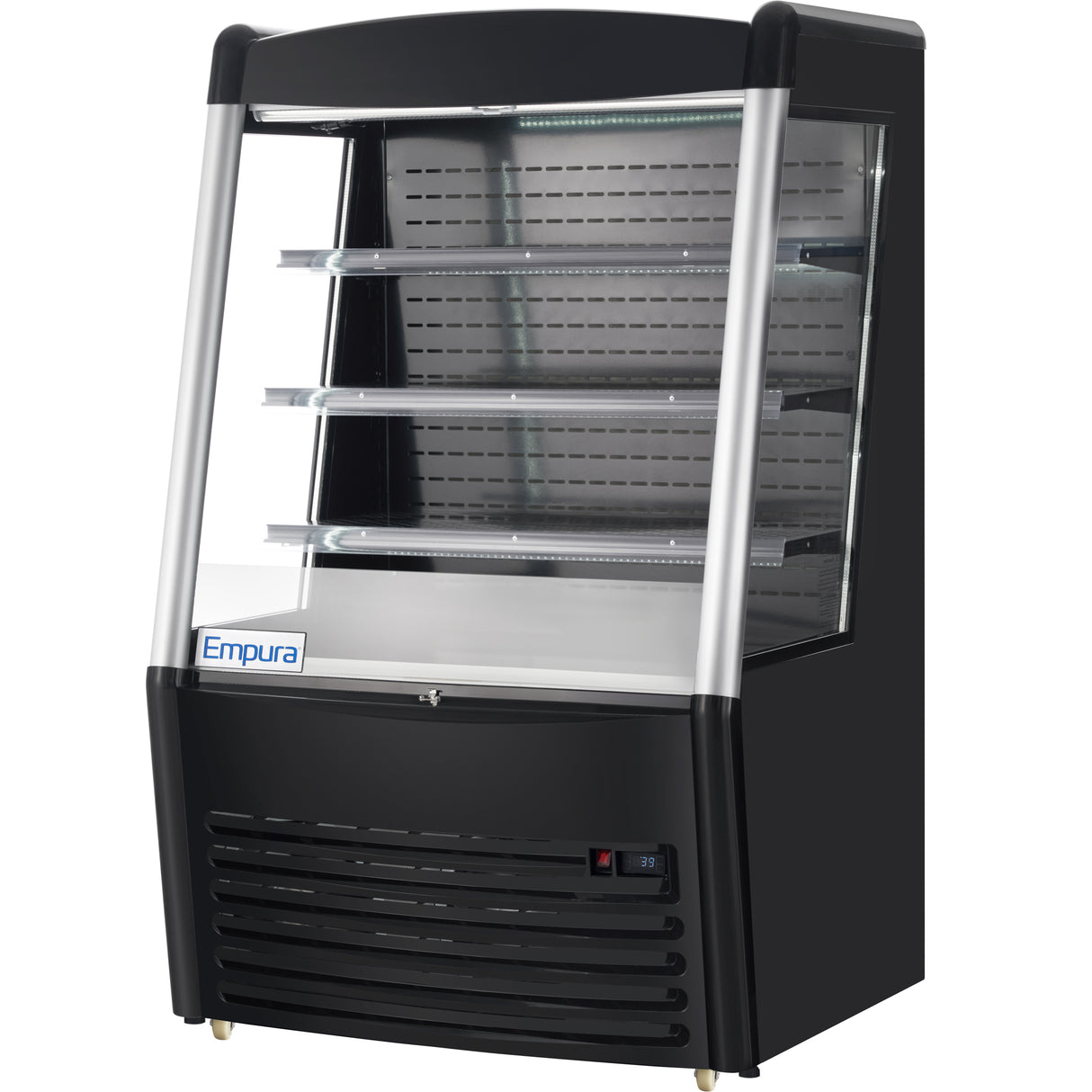 A black refrigerated display case with three glass shelves, a curved glass front, and an Empura logo on the lower left. The unit features Empura refrigeration, a vented base, digital temperature display, and a metallic interior with perforations for airflow.