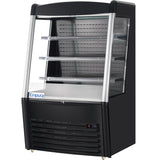 A black refrigerated display case with three glass shelves, a curved glass front, and an Empura logo on the lower left. The unit features Empura refrigeration, a vented base, digital temperature display, and a metallic interior with perforations for airflow.