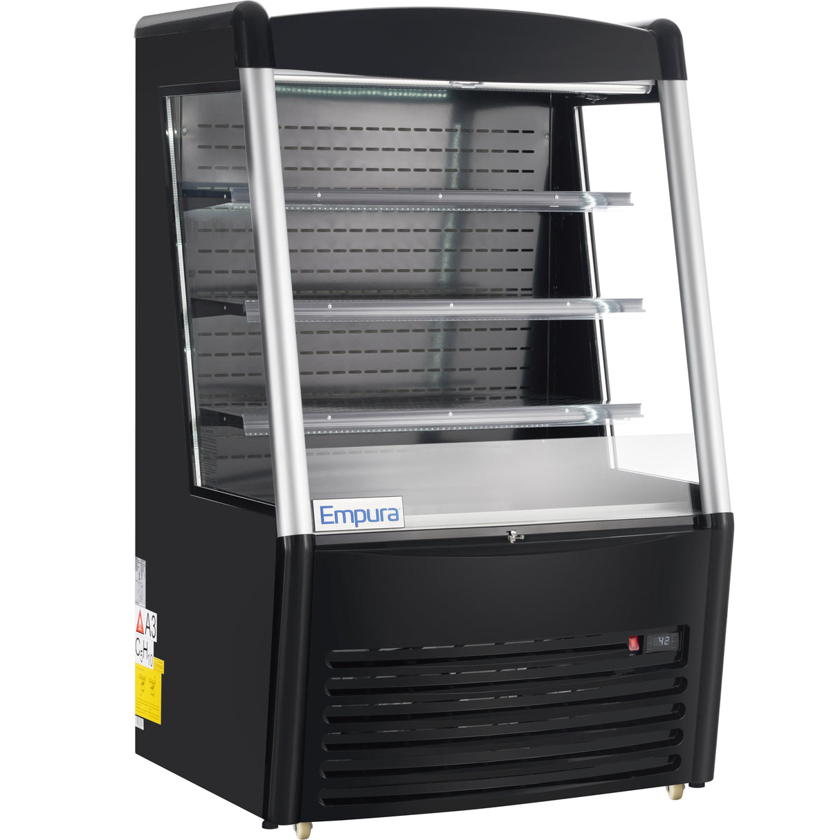 A commercial Empura refrigeration display case featuring a black exterior, three glass shelves, a curved glass front, and a vented cooling unit below. The lit interior is designed for showcasing chilled food or beverages.