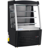 A commercial Empura refrigeration display case featuring a black exterior, three glass shelves, a curved glass front, and a vented cooling unit below. The lit interior is designed for showcasing chilled food or beverages.