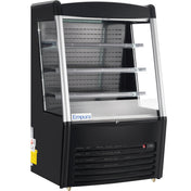 A commercial Empura refrigeration display case featuring a black exterior, three glass shelves, a curved glass front, and a vented cooling unit below. The lit interior is designed for showcasing chilled food or beverages.