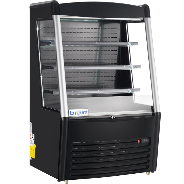 A commercial Empura refrigeration display case featuring a black exterior, three glass shelves, a curved glass front, and a vented cooling unit below. The lit interior is designed for showcasing chilled food or beverages.