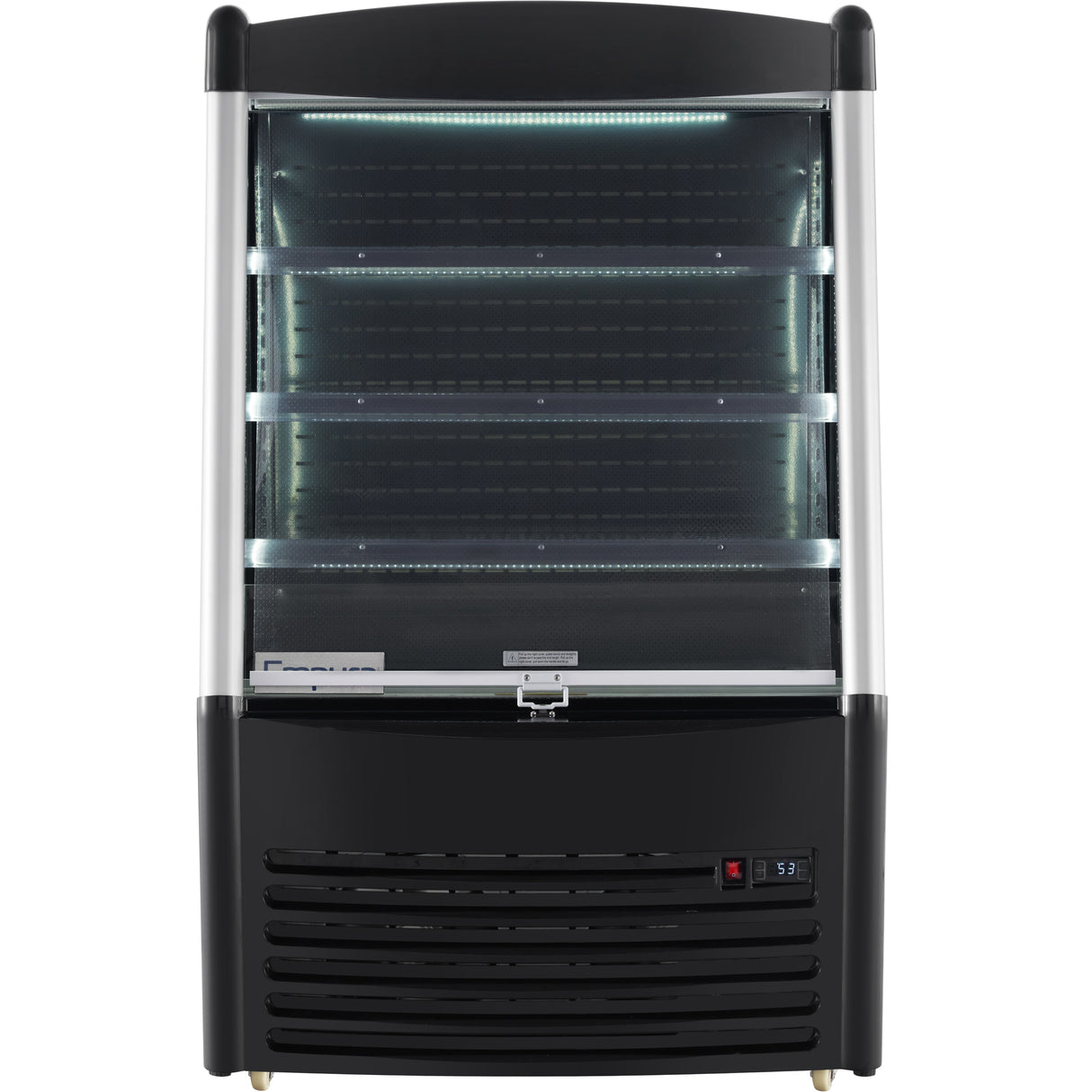 A commercial Empura refrigeration open air merchandiser with three glass shelves, interior LED lighting, and a digital temperature display at the bottom right. The exterior is black with a curved glass front and ventilation grilles at the base.