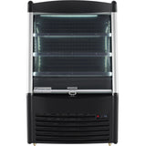 A commercial Empura refrigeration open air merchandiser with three glass shelves, interior LED lighting, and a digital temperature display at the bottom right. The exterior is black with a curved glass front and ventilation grilles at the base.
