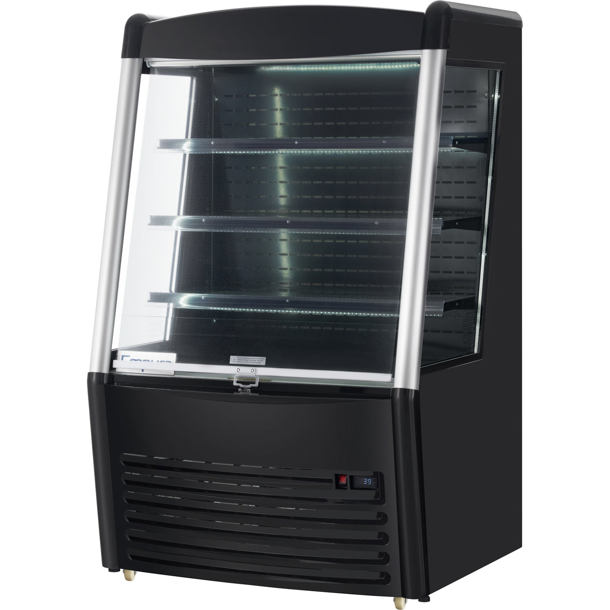 A black refrigerated display case with three glass shelves, curved glass front, and LED lighting inside. Featuring Empura refrigeration, its modern design includes a vented grille, digital temperature display, and solid back for optimal performance.