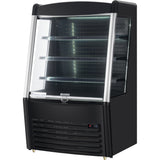 A black refrigerated display case with three glass shelves, curved glass front, and LED lighting inside. Featuring Empura refrigeration, its modern design includes a vented grille, digital temperature display, and solid back for optimal performance.