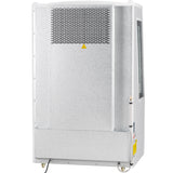 A large, metallic Empura Refrigeration unit on wheels features a vented panel and yellow warning triangle. With a smooth silver-gray finish, 11.3 cu. ft. capacity, side control panel, visible cables at the base, and glass window.