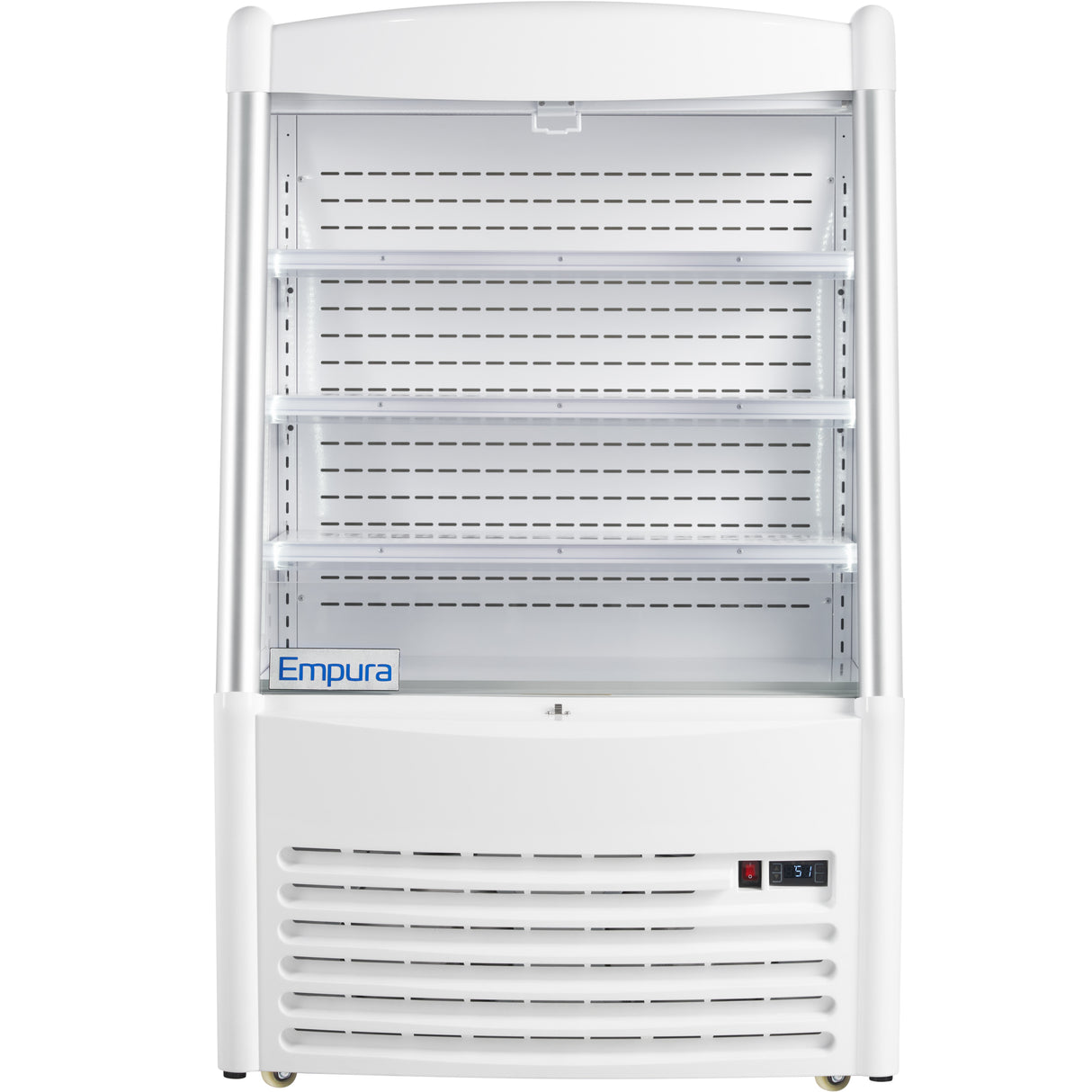 A white Empura Refrigeration Open Air Merchandiser with 11.3 cu. ft. capacity features four adjustable shelves, ventilation grilles at the bottom, digital temperature display, and “Empura” branding—perfect for showcasing refrigerated food or drinks.