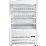 A white Empura Refrigeration Open Air Merchandiser with 11.3 cu. ft. capacity features four adjustable shelves, ventilation grilles at the bottom, digital temperature display, and “Empura” branding—perfect for showcasing refrigerated food or drinks.