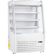 A white Empura Refrigeration open air merchandiser with 11.3 cu. ft., featuring four metal shelves, clear side panels, a digital control panel, and a front-facing Empura logo. Ventilation slats are on the lower section and the display is empty.