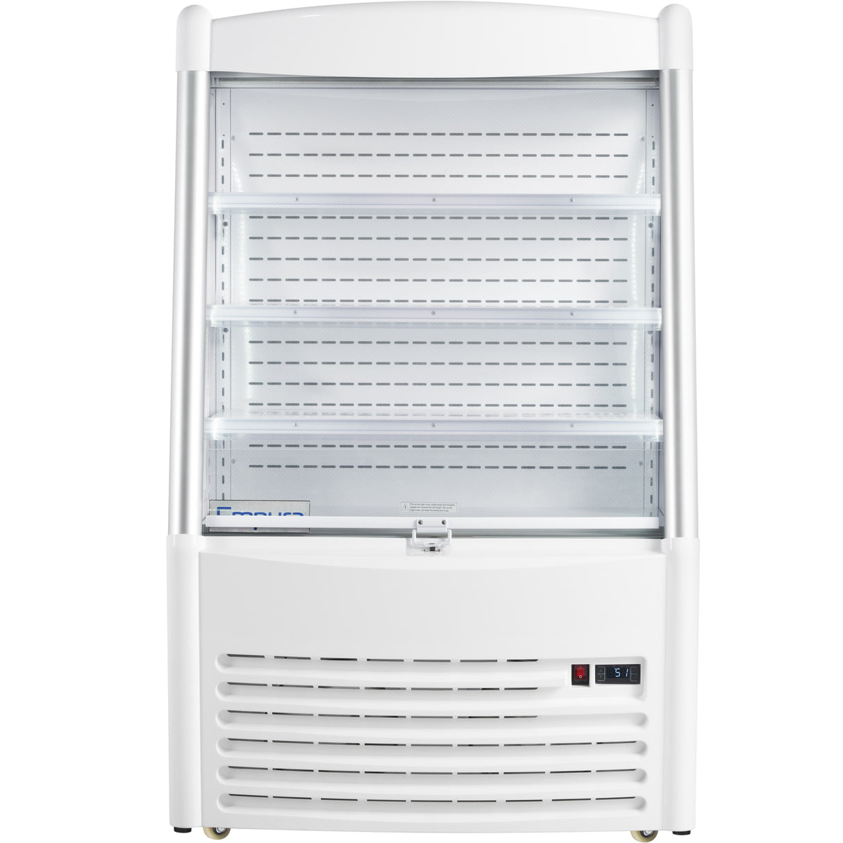 A white, upright Empura Refrigeration Open Air Merchandiser with 11.3 cu. ft. capacity features four empty shelves, a vented lower section, and a digital temperature display on the bottom right. The unit is well-lit against a plain background.