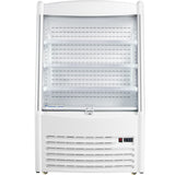 A white, upright Empura Refrigeration Open Air Merchandiser with 11.3 cu. ft. capacity features four empty shelves, a vented lower section, and a digital temperature display on the bottom right. The unit is well-lit against a plain background.