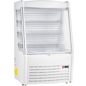 A white Empura Refrigeration open air merchandiser with four glass shelves, transparent side panels, and a vented lower section. This curved-front case offers 11.3 cu. ft. capacity for showcasing chilled food or drinks in stores or cafes.