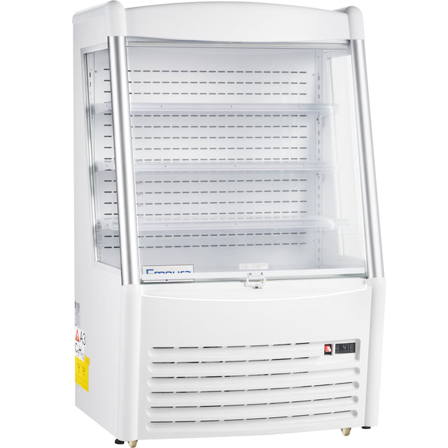 A white Empura Refrigeration open air merchandiser with four glass shelves, transparent side panels, and a vented lower section. This curved-front case offers 11.3 cu. ft. capacity for showcasing chilled food or drinks in stores or cafes.