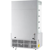 A commercial display refrigerator shown from the back, featuring a plain metallic panel, ventilation grilles at the bottom, power cord, and a yellow caution sticker. The right side reveals glass shelving and a transparent side panel.