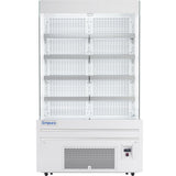 An Empura open air merchandiser display refrigerator features five metal shelves, a white perforated back, and a vented cooling compartment at the bottom with a digital control panel on the right side.