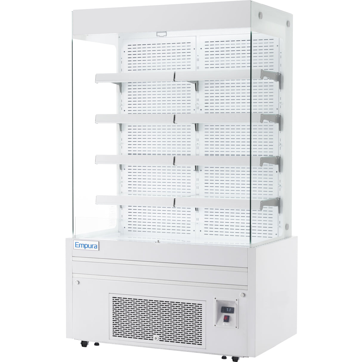A white, open air merchandiser with four metal shelves, glass sides, and a digital control panel at the bottom right. The Empura refrigeration display refrigerator is empty and designed for showcasing chilled products.