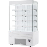 A white, open air merchandiser with four metal shelves, glass sides, and a digital control panel at the bottom right. The Empura refrigeration display refrigerator is empty and designed for showcasing chilled products.