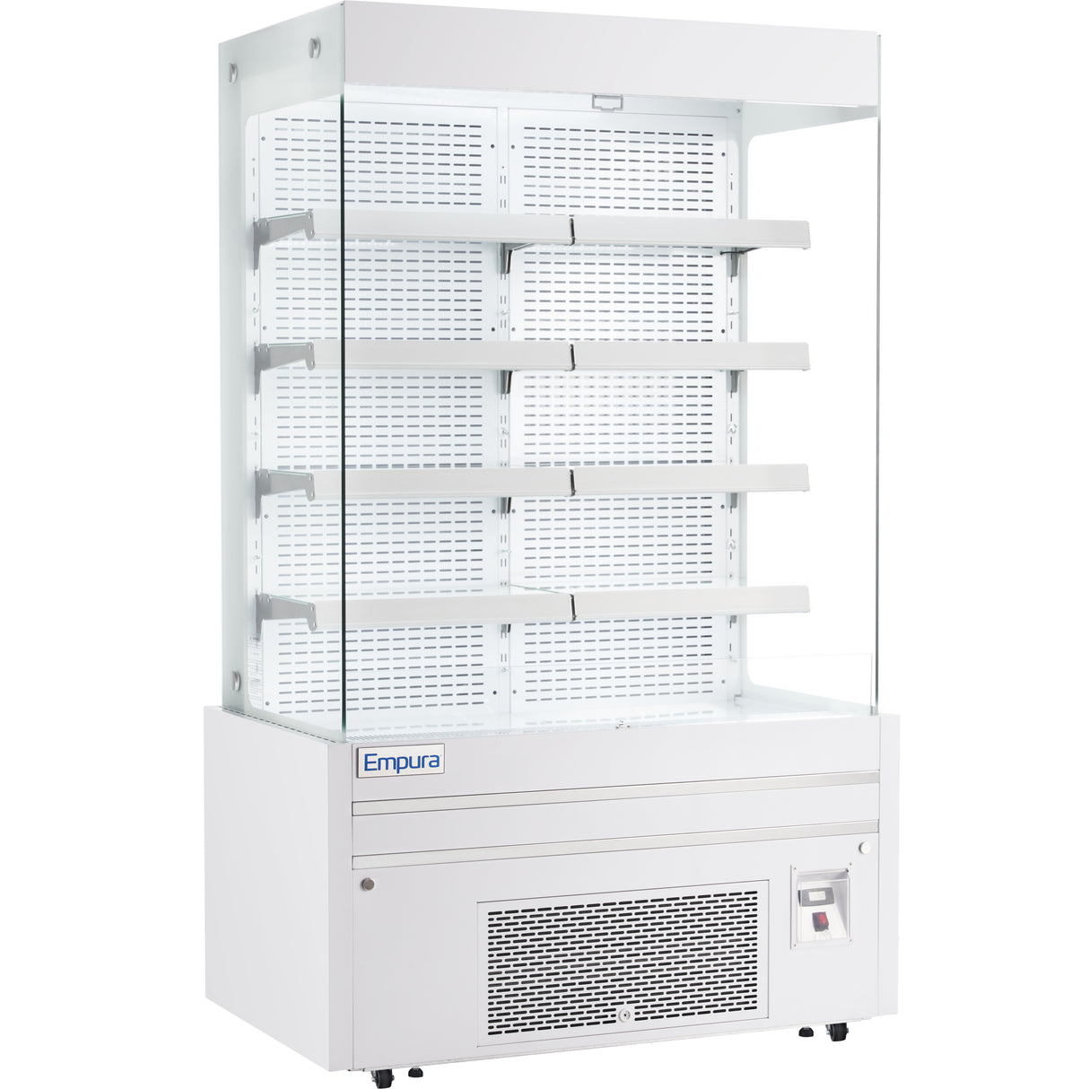 A white Empura refrigeration open air merchandiser with four metal shelves, glass front and sides, perforated back panel, vented cooling unit at the bottom, control panel, and Empura branding on the front. The refrigerated display case is empty.