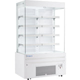 A white Empura refrigeration open air merchandiser with four metal shelves, glass front and sides, perforated back panel, vented cooling unit at the bottom, control panel, and Empura branding on the front. The refrigerated display case is empty.