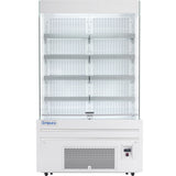 A commercial open-air merchandiser by Empura refrigeration, featuring a white exterior, five adjustable grey shelves, a vented panel at the bottom, and a digital temperature display—ideal as a refrigerated display case for chilled food or drinks.