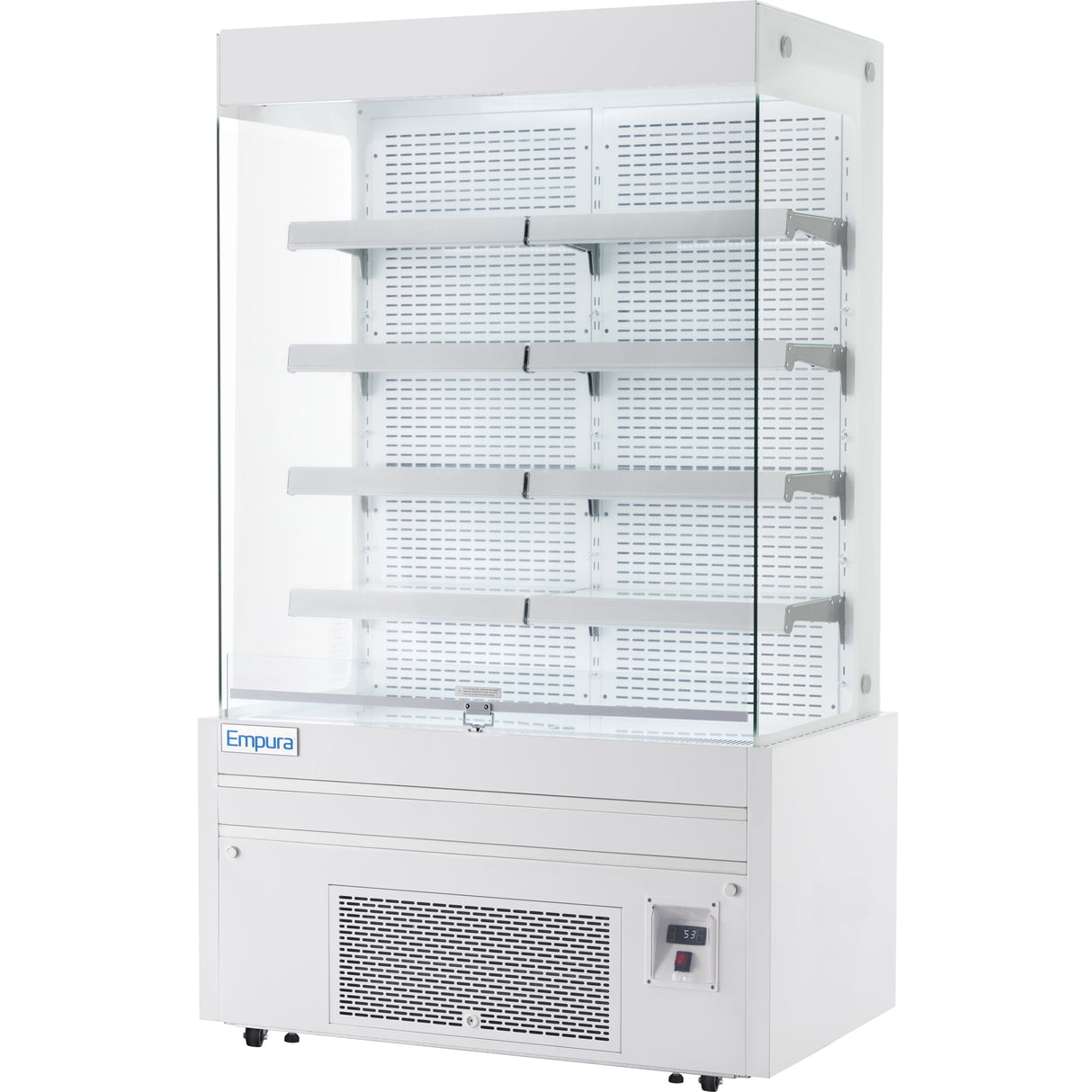 A commercial open display refrigerator with four white shelves, glass sides, and a vented cooling unit at the bottom. The rectangular unit, labeled Empura refrigeration on the front, features a digital temperature display and control panel.
