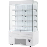 A commercial open display refrigerator with four white shelves, glass sides, and a vented cooling unit at the bottom. The rectangular unit, labeled Empura refrigeration on the front, features a digital temperature display and control panel.