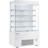 A commercial Empura refrigeration open air merchandiser with four white shelves, a glass front and sides, and a white vented base with control panel. The well-lit refrigerated display case is empty, showcasing the brand name “Empura” on the front.