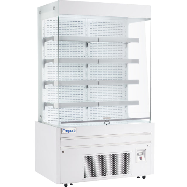 A commercial Empura refrigeration open air merchandiser with four white shelves, a glass front and sides, and a white vented base with control panel. The well-lit refrigerated display case is empty, showcasing the brand name “Empura” on the front.