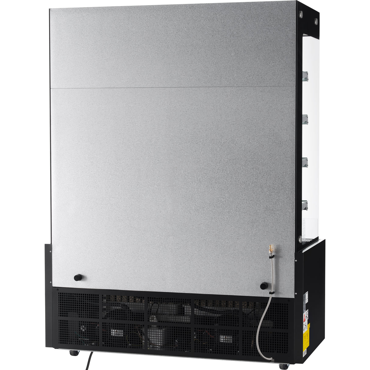A commercial ice machine viewed from the back, featuring a large metallic panel, vent openings near the bottom, and internal components like cooling fans and tubing—similar to an Empura refrigeration unit or refrigerated display case. Black sides, silver top and main back.