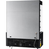 A commercial ice machine viewed from the back, featuring a large metallic panel, vent openings near the bottom, and internal components like cooling fans and tubing—similar to an Empura refrigeration unit or refrigerated display case. Black sides, silver top and main back.