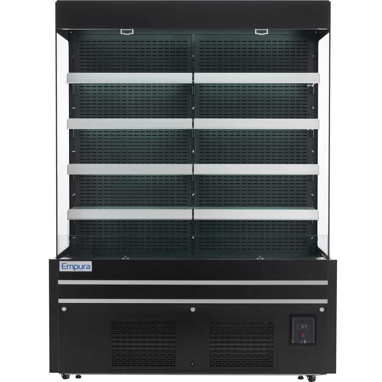A black Empura refrigeration open air merchandiser features five horizontal shelves, a vented front panel, and a control panel at the bottom right. The refrigerated display case is empty, with the Empura brand name visible on the lower left front.