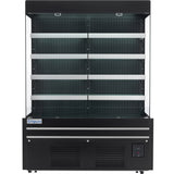 A black Empura refrigeration open air merchandiser features five horizontal shelves, a vented front panel, and a control panel at the bottom right. The refrigerated display case is empty, with the Empura brand name visible on the lower left front.